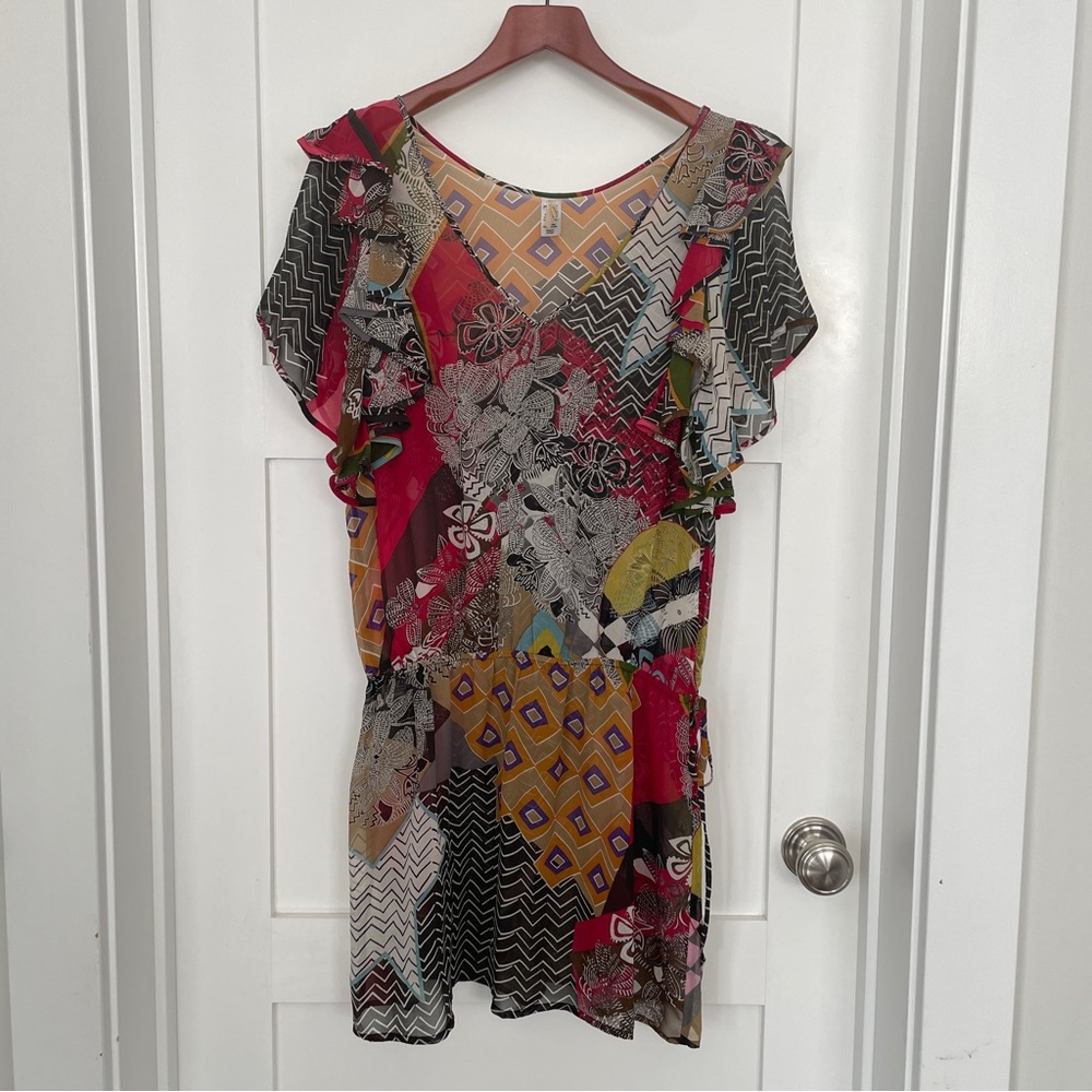 Pinkerton Silk Blouse Tunic Top Womens Medium Dress Top Sheer Ruffle Geometric